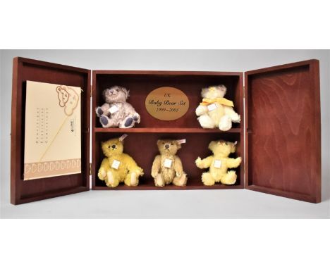 A Steiff Limited Edition UK Baby Bear Set 1999-2003. The Wooden Display Case Containing Five Miniature Mohair Bears, Complete