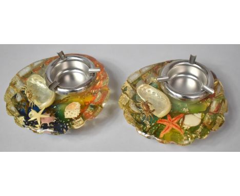 In the Manner Of Dunhill, A Pair of Aquarium, Style Perspex Ashtrays with Crabs, Starfish and Shells. 21cms Wide 