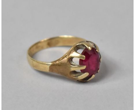 A Ruby and Yellow Metal Mounted Gypsy Ring (Reshanked with 9ct) Oval Cut Ruby Approx 2.5cts. 5.4gms. 
