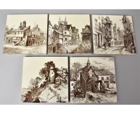 Five 19th Century Mintons Tiles Decorated with Monochrome Architectural Images, Designed by L.T. Swetman, 15x15cm 