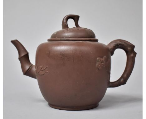 A 19th Century Chinese Yixing Teapot with Stylised Bamboo Spout and Handle (AF) 12cms High 