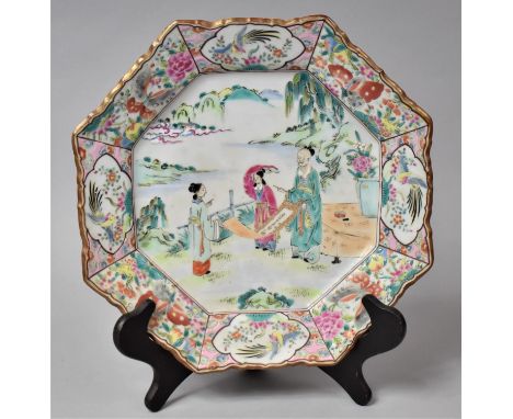 A 19th Century Chinese Famille Rose Charger of Octagonal For with Applied Enamels Depicting Exterior Scene with Robed Scholar