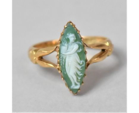 An 18ct Gold Victorian Cameo Ring, Having Lozenge Carved Green and White Glass Depicting Maiden, Size L 3gm