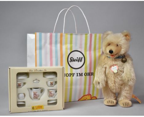 A Steiff 1930 Replica Teddy Bear with Blue Leather Studded Collar and Bell Together with a Steiff Mini China Set 