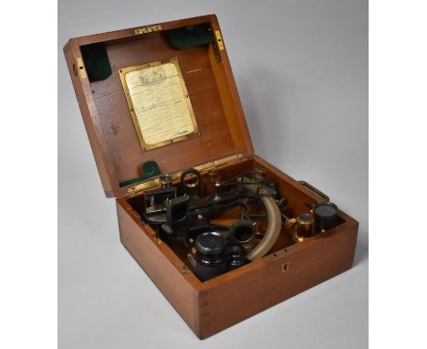 An Edwardian Mahogany Cased Bell Pattern Sextant by Heath and Co, Dated 1912 and Complete with Three Eyepieces, Three Telesco