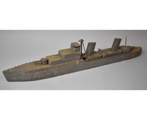 A Mid 20th Century WWII Period Scratch Built Wooden Model of a Battleship, 98cm Long 