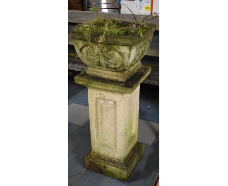 A Reconstituted Stone Square Topped Stand, 66cm high Together with a Moulded Square Reconstituted Stone Planter, 34cm Square 