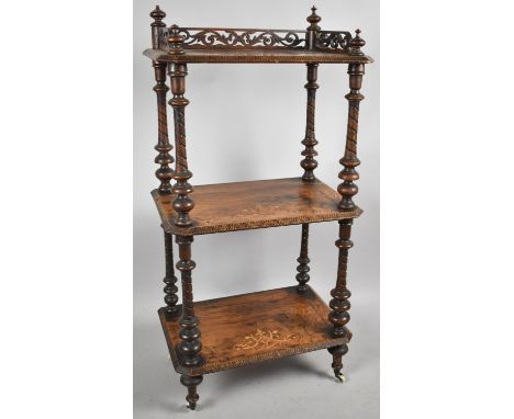 A Victorian Inlaid Walnut Three Tier Galleried Rectangular Whatnot with Turned Supports and Ceramic Casters, Has Been treated