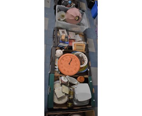 Four Boxes Containing Terracotta Wall Clock, Decorated Ceramics, Table Mats, Lamp (AF), Glassware, CD's etc 