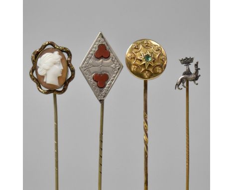 A Collection of Four Yellow Metal and Other Victorian Pins to include White Metal and Jasper Kite Shaped Example with Trefoil