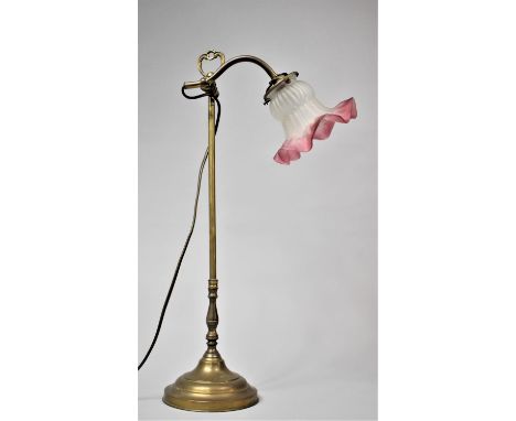 An Edwardian Brass Adjustable Reading Lamp with Cranberry Fringed Opaque Glass Shade, 55cms High 