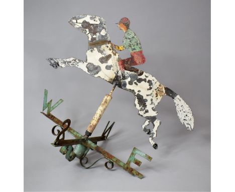 A Mid 20th Century Painted Metal Folk Art Weather Vane, Moulded as a Race Horse and Jockey, with Original Polychrome Painted 