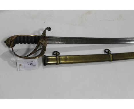 A WILLIAM 1V OFFICERS SWORD (PROSSER). A William 1V pipeback officers sword with brass hilt and scabbard. The blade of some 3