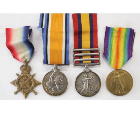 AN RAMC QSA & 1914 STAR TRIO TO THE ESSEX R & R A M C. A three bar Queens South Africa Medal named to 6287 L-Cpl M Murray Ess