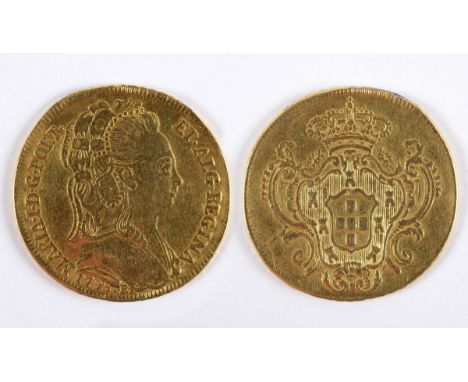 A BRAZILIAN 6400 REIS GOLD PIECE. A Portugese empire 6400 gold piece of Maria dated 1798 (R), with crowned shield reverse. 14