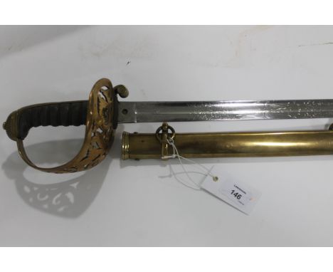 A VICTORIAN R ENGINEERS OFFICERS SWORD. An 1857 pattern Royal Engineers officers sword, with brass pierced guard, which has g