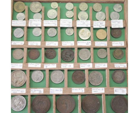 SPANISH & SOUTH AMERICAN COINAGE. Examples includea 20 Reales piece of 1861, 5 Pesata pieces of 1891 & 1898. Marvedis pieces 