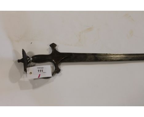 A TULWAR SWORD. A 19thC Indian Tulwar sword with steel hilt and guard, saucer shaped pommel. A curved blade of 27.1/2" having