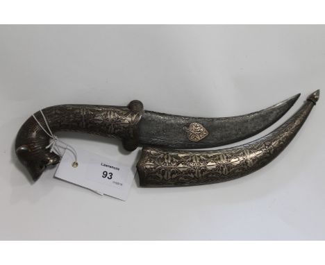 AN INDIAN DAGGER & SCABBARD. Tigers Head pommel with damascened handle and scabbard, in the 20thC style. Watered steel patter