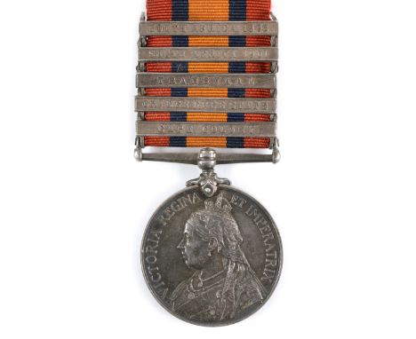A FIVE BAR QSA MEDAL TO LT H H SANDBACH 1 R DRAGOONS, etc. A five bar Queens South Africa Medal named to Lieut H H Sandbach 1