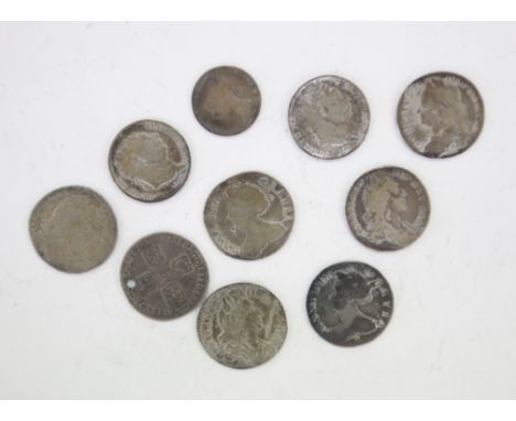 WORN SILVER COINAGE Including a William 111 Sixpence of 1696?, early Harp type. Queen Anne Sixpence dated 1711, George 11 175