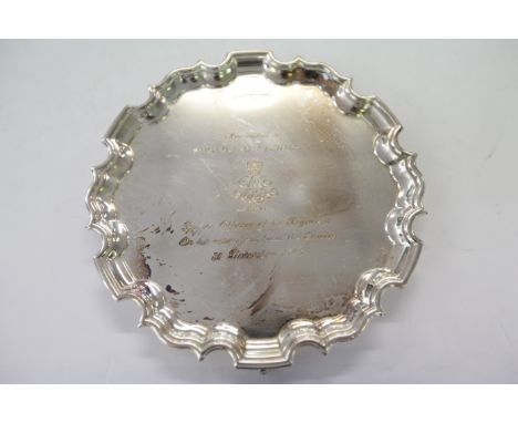 A SILVER SALVER. Engraved with XXV1 R A C, presented in 1995, weight 11.5 ounces.