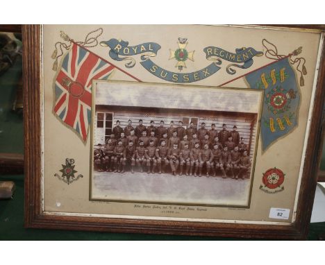 FRAMED V B SUSSEX REGT PHOTOGRAPH. Laid out with Colours and regimental Badges, etc. Depicting the Active Service Section 2 V