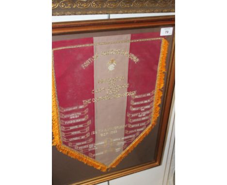 A FRAMED CENTRAL INDIA HORSE BANNER. Complete with Battle Honours Kandahar to Burki 1956, also Fortune Favours the Brave. Pre