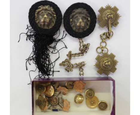 ROYAL SCOTS BADGES etc. A pair of Royal Scots cape or cloak badges, handed examples with chain present. With four loop mounts