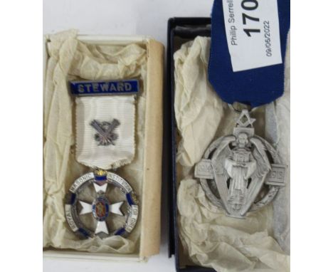 A hallmarked silver and enamel Masonic Stewards medal, together with another hallmarked silver Masonic 1914-1918 medal