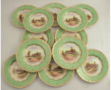 Twelve Royal Worcester plates, printed painted with named villages, to a green and gilt border, two signed Ruston, diameter 9