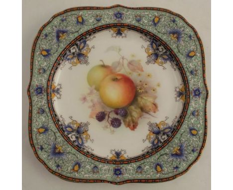 A Royal Worcester shaped square plate, painted with apples, blackberries, flowers and leaves by Sebright, to a painted printe