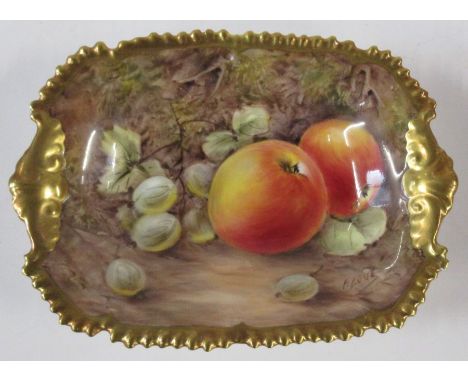 A Royal Worcester rectangular dish, decorated with fruit to a mossy background by P Love, width 7ins - minor to chip to the g