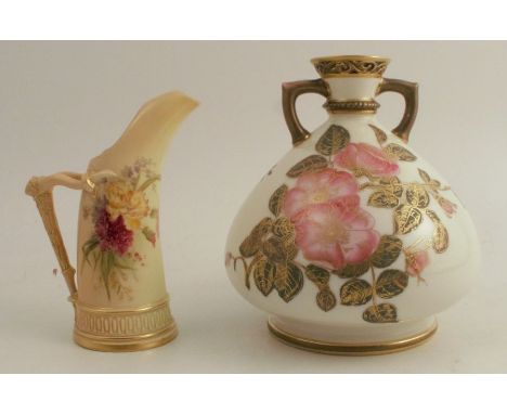 A 19th century Royal Worcester&nbsp;vase, decorated with flowers, leaves and a butterfly, height 7ins, together with a Royal 