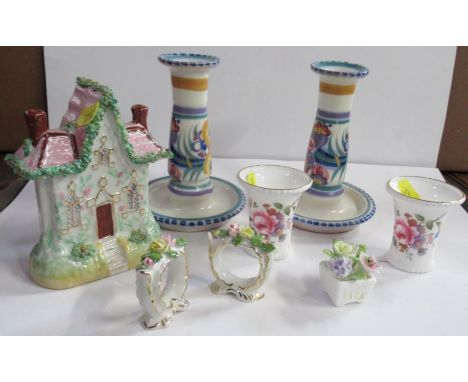 A pair of Poole pottery candlesticks, height 6ins, together with various pieces of decorative ceramics