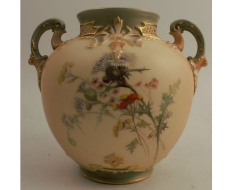 A Royal Worcester blush ivory vase, decorated with thistles and flowers, with green handles, shape number 1515, height 7.5ins