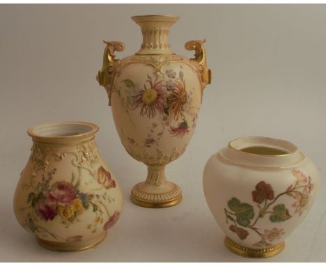 A Royal Worcester blush ivory pedestal vase, decorated with floral sprays, shape number 1618, height 9ins, together with two 