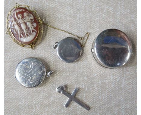 A gold mounted cameo brooch, together with two silver lockets, a patch box and a cross