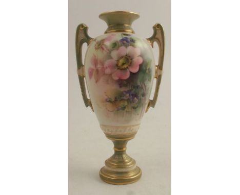 A Royal Worcester pedestal vase, decorated with flowers by Hale, shape number 1481, height 5.75ins
