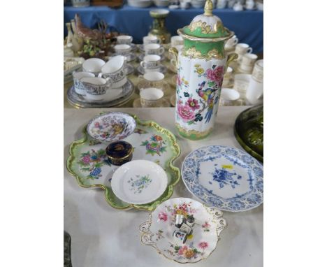 A collection of porcelain, to include a Losol ware covered cylindrical vase, Limoges, a dressing table tray, enamel thimbles 