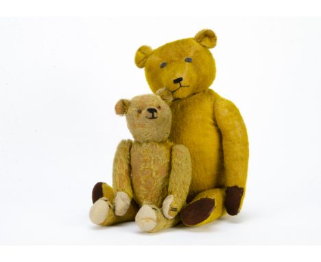 Two German teddy bear 1920-30s, the larger with short bright golden mohair, pronounced muzzle, black stitched nose, mouth and