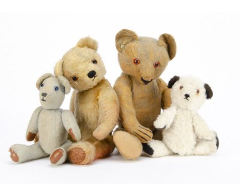 Four British teddy bears: a Chad Valley 1930s teddy bear with celluloid button in ear —18in. (46cm.) high (damaged left arm, 