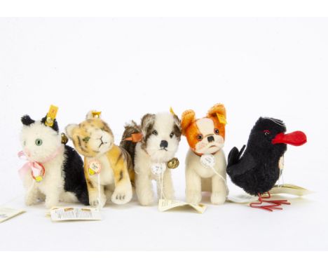 Five Historic Steiff Miniature animals: comprising Tabby, Molly, Bully, Tiger and Rabe, all with tags