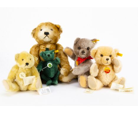 Five Steiff yellow tagged Classic Teddy Bears: Green Pepper bear —7 1/2in. (19cm.) high; two Classic Petsy and two others (al