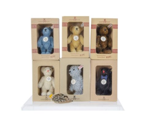 Six Steiff Club miniature gift teddy bears: 1997 to 2001 and 2004, in original boxes; a small Steiff hedgehog; and other mode