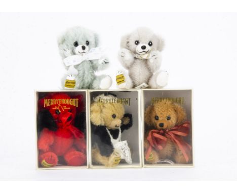 Five small limited edition Merrythought Cheeky bears: Little Devil, Oo La La, Starlight, Autumn and another, in original boxe