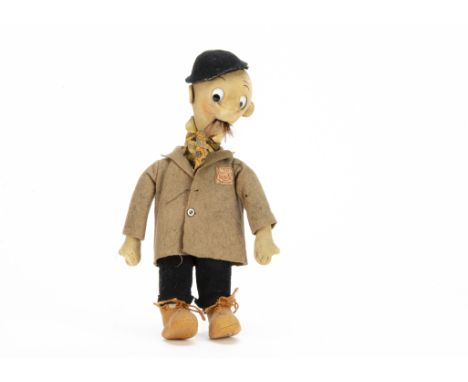 A Chad Valley Tom Webster’s George doll 1920s,  with pressed cloth face, large black and white googly glass eyes, mohair mous