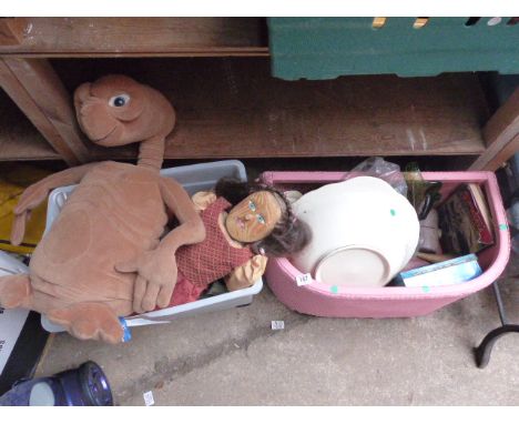 Two boxes of mixed items including puppet, ceramics etc