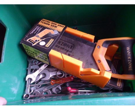 Box of assorted tools including spanners, saw etc
