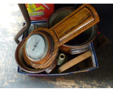 Box of stoneware and a barometer